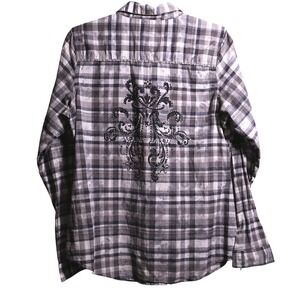Womens Y2K Gray Plaid Button Up Studded Damask Graphic Top Flip Cuff Western L